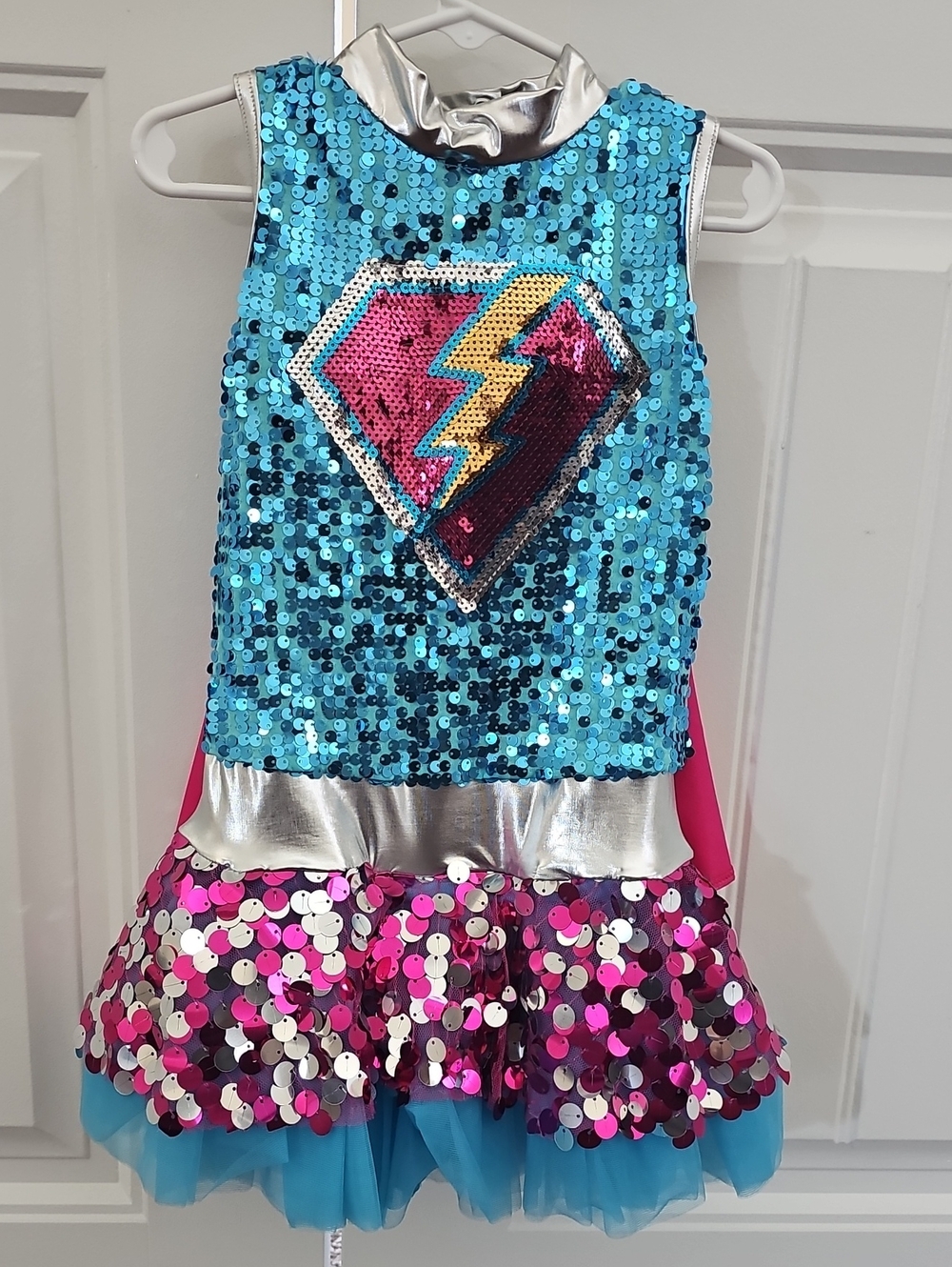 Weissman Blue Sequin Superhero Dress with Pink & Silver Accents